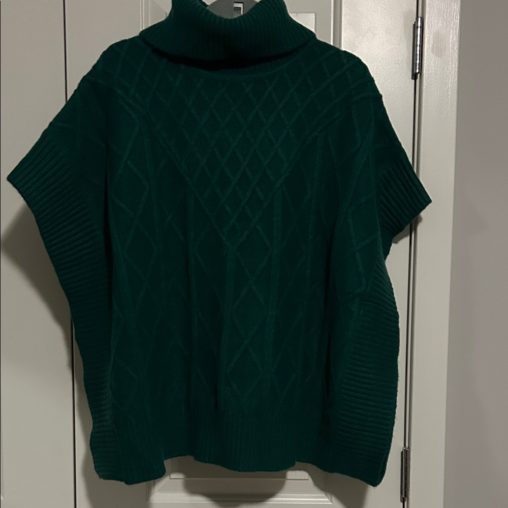 LOFT Deep Green Cable-Knit Turtleneck Poncho Sweater